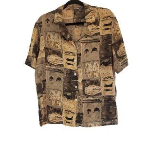 vintage‎ Riva Silk blouse size 10 M all over sassy print tan